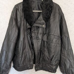 Zerimar Patchwork Black Leather Jacket Fur Collar Sz50 Quilted Lining